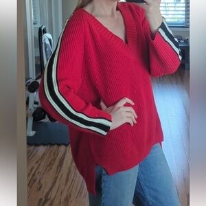 Express Oversized Red V-Neck Sweater with White & Black Striped Sleeves NWOT